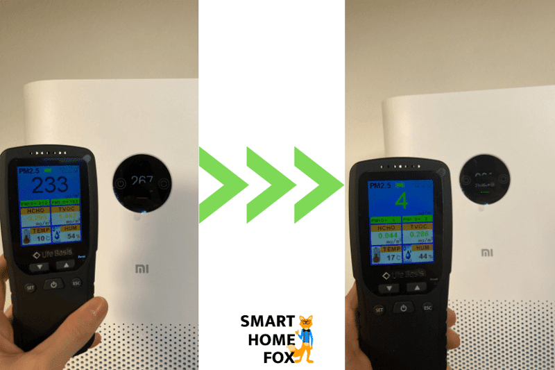 Измерительный прибор показывает уровень содержания твердых частиц в начале и конце теста на очистку воздуха, на заднем плане - Xiaomi Mi Air Purifier Pro H.